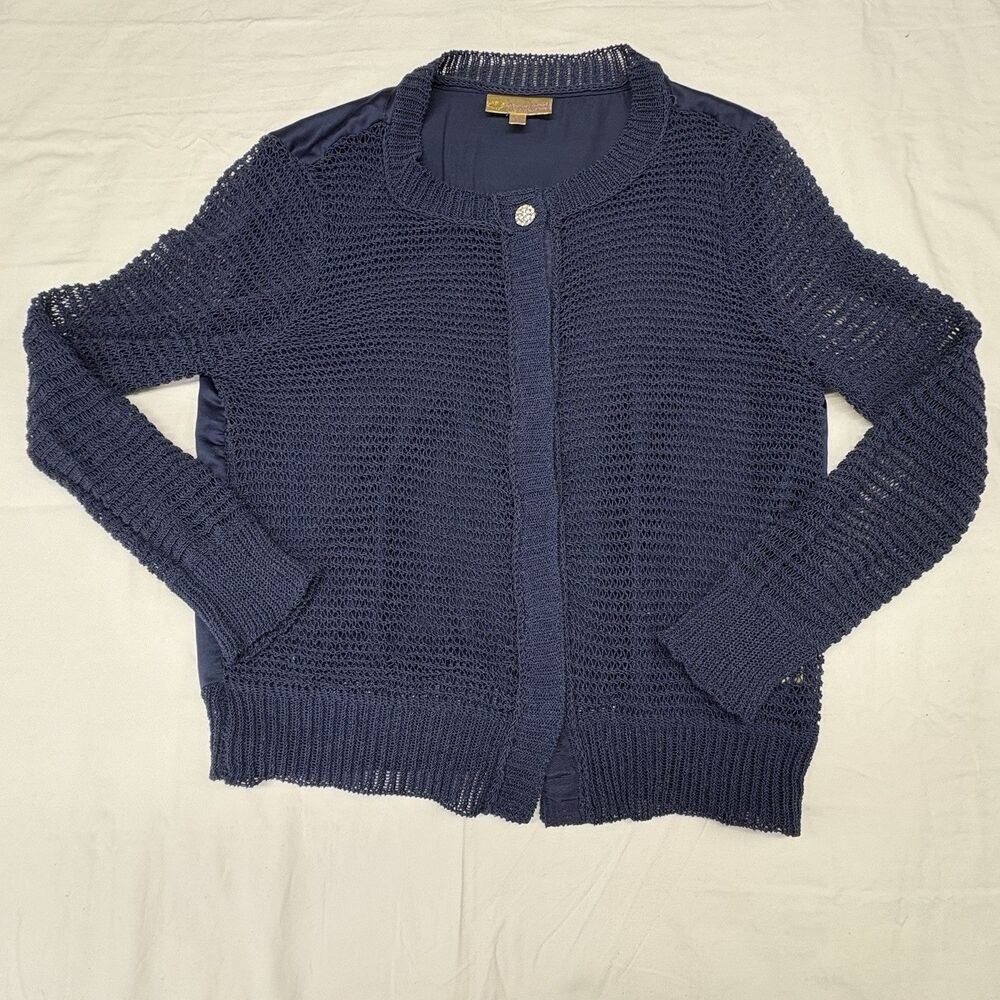 Simply Vera Vera Wang Women's Large Navy Open Knit Zip Cardigan Sweater Preppy
